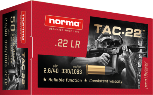 Norma TAC .22 Long Rifle 40 Grain Lead Round Nose Brass Cased Rimfire Ammunition