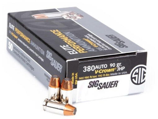 SIG SAUER V-Crown .380 ACP 90 Grain Jacketed Hollow Point Brass Cased Centerfire Pistol Ammunition