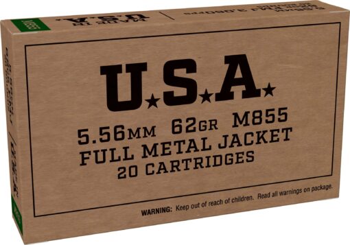 Winchester USA 5.56x45mm NATO 62 grain Green Tip M855 Full Metal Jacket Boat Tail FMJBT Brass Centerfire Rifle Ammunition, Limited