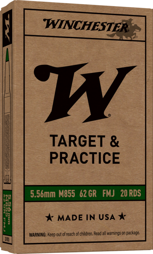 Winchester USA 5.56x45mm NATO 62 grain Green Tip M855 Full Metal Jacket Boat Tail FMJBT Brass Centerfire Rifle Ammunition