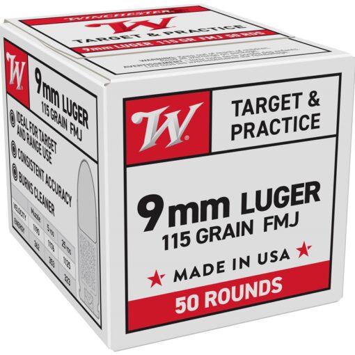Winchester USA 9 mm Luger 115 grain Full Metal Jacket Centerfire Pistol Ammunition